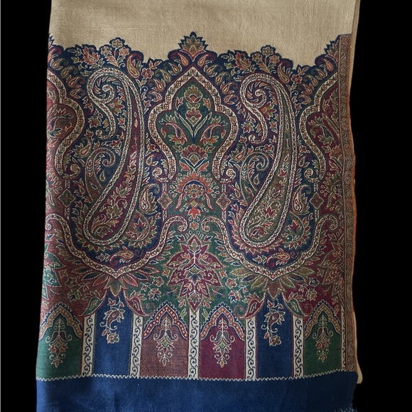 New Beige and Blue printed shawl- Silk-Cotton-Wool - Picture 8 of 9